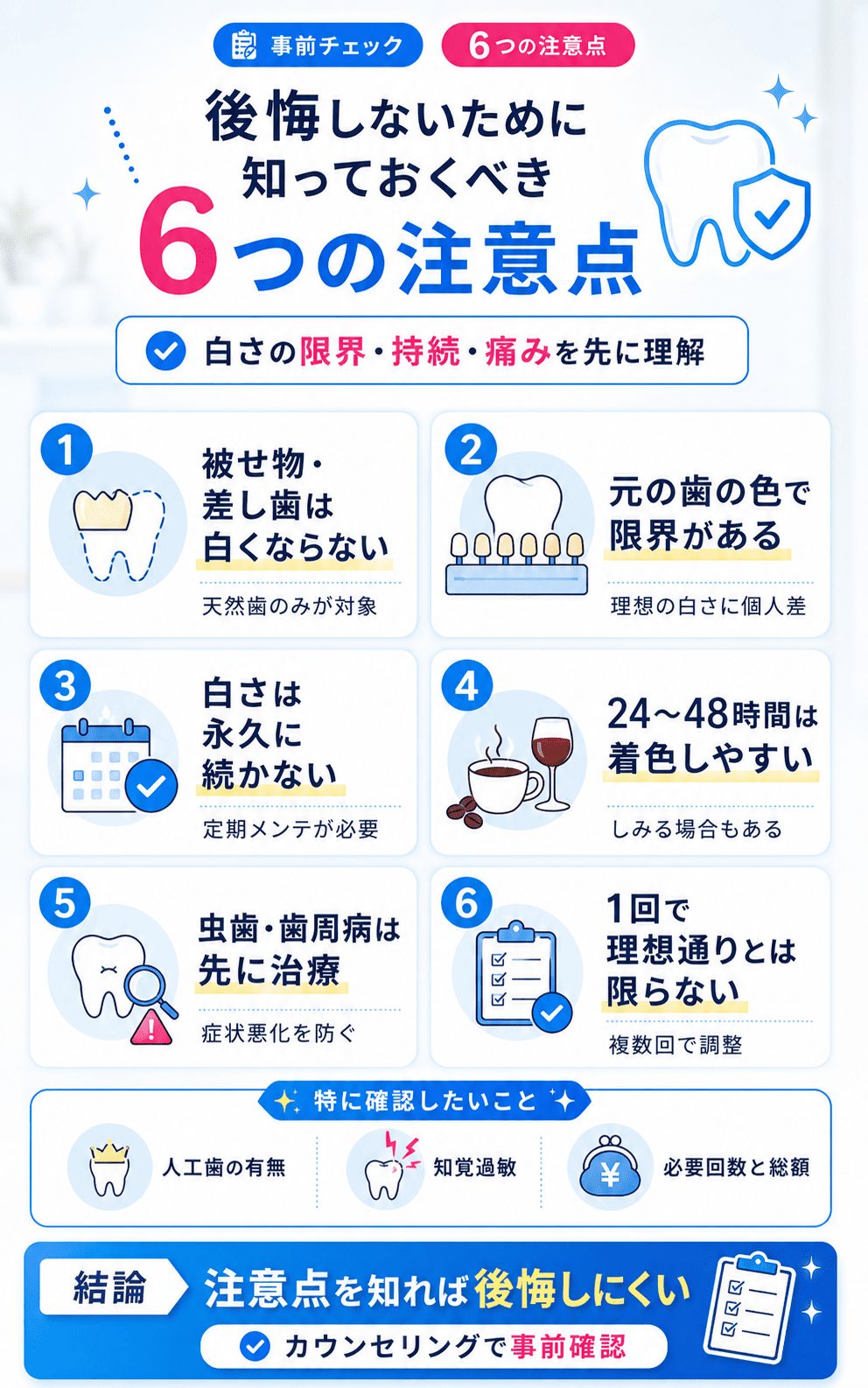 ホワイトニングで後悔しないために知っておくべき6つの注意点