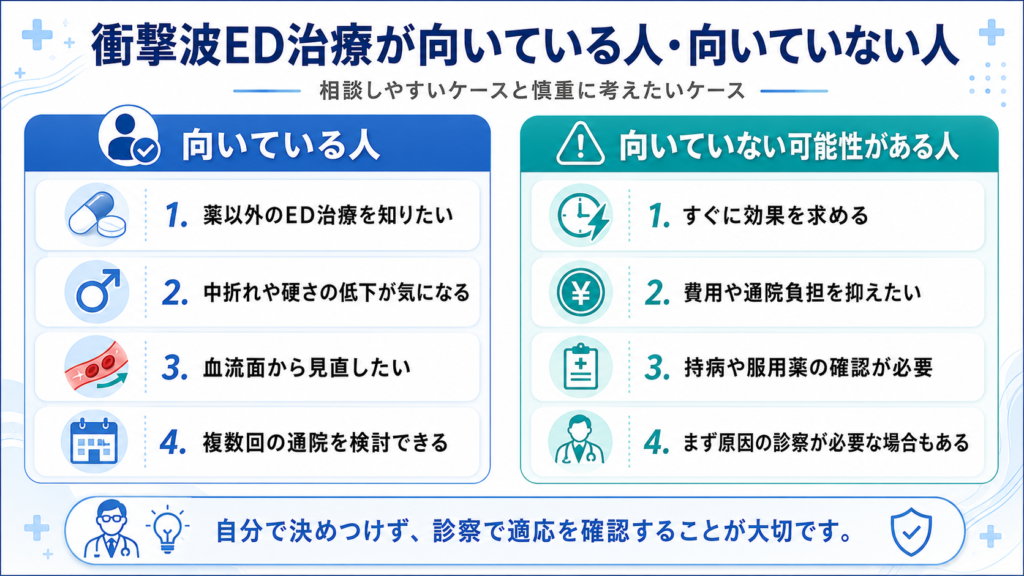 衝撃波ED治療が向いている人と向いていない可能性がある人を整理したチェックリスト図