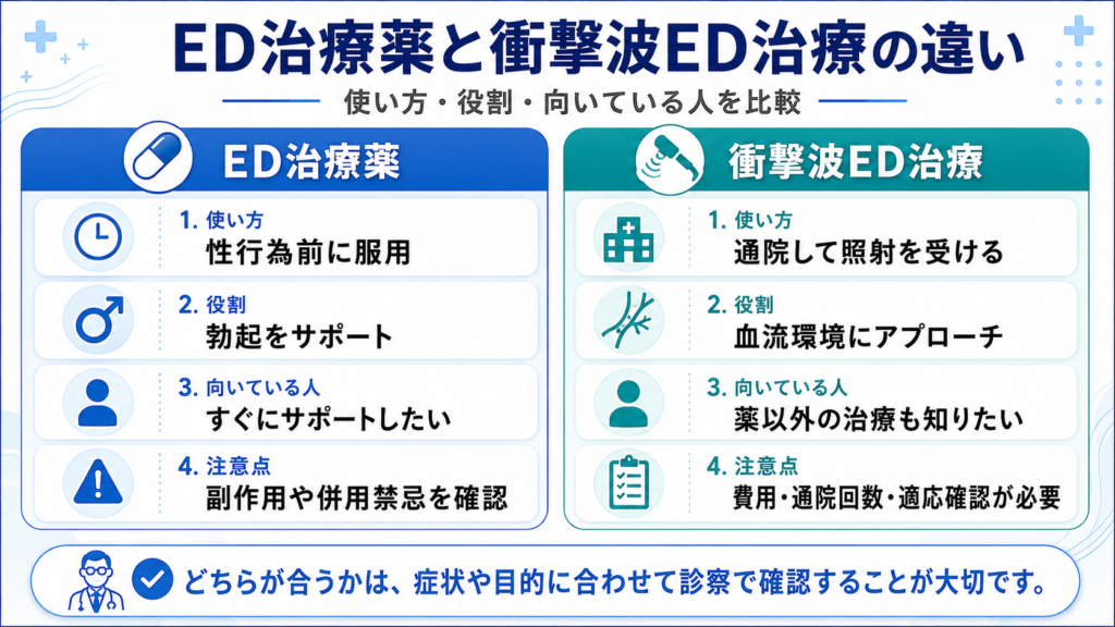 ED治療薬と衝撃波ED治療の違いを使い方や役割や注意点で比較した図解