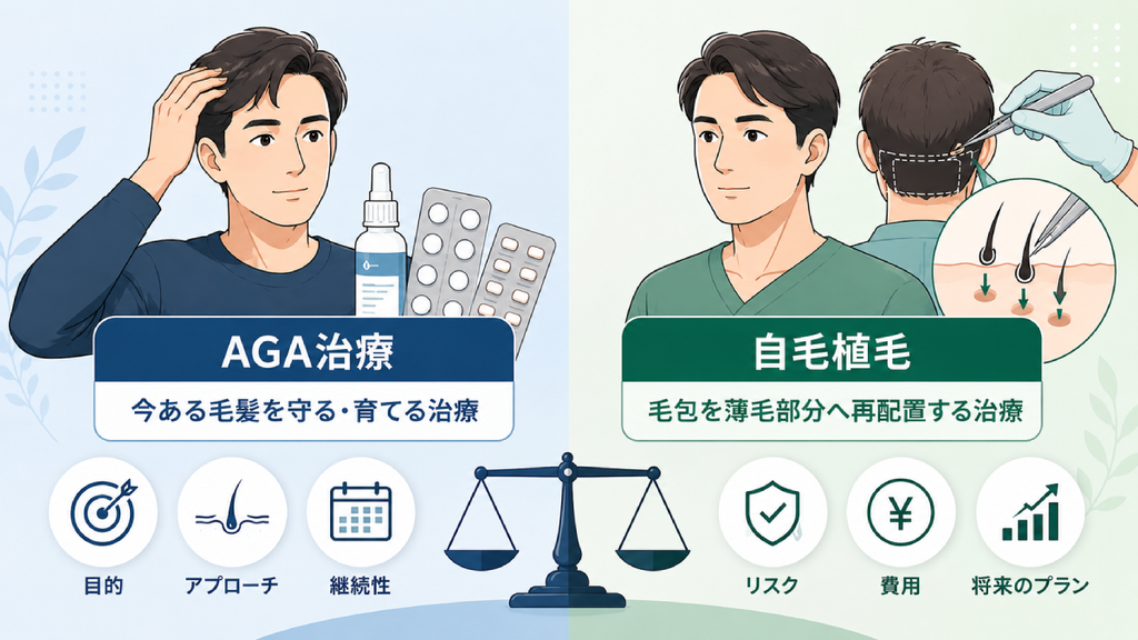 植毛とAGA治療を6つのポイントで比較