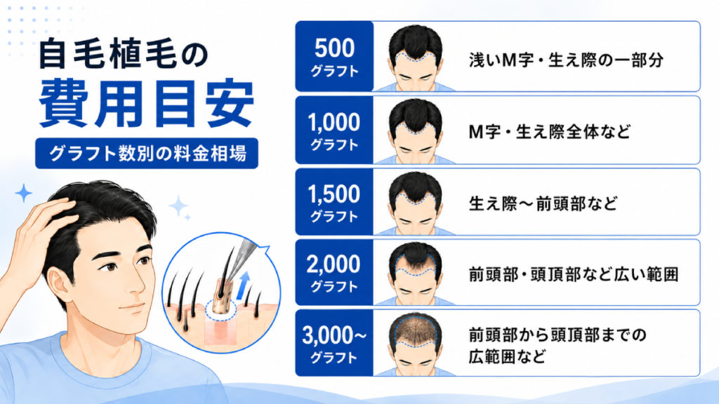 自毛植毛の株数（グラフト数）別の費用目安