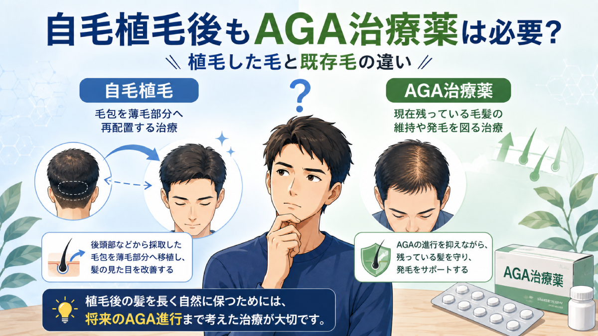 自毛植毛後もAGA治療薬は必要？植毛した毛と既存毛の違い